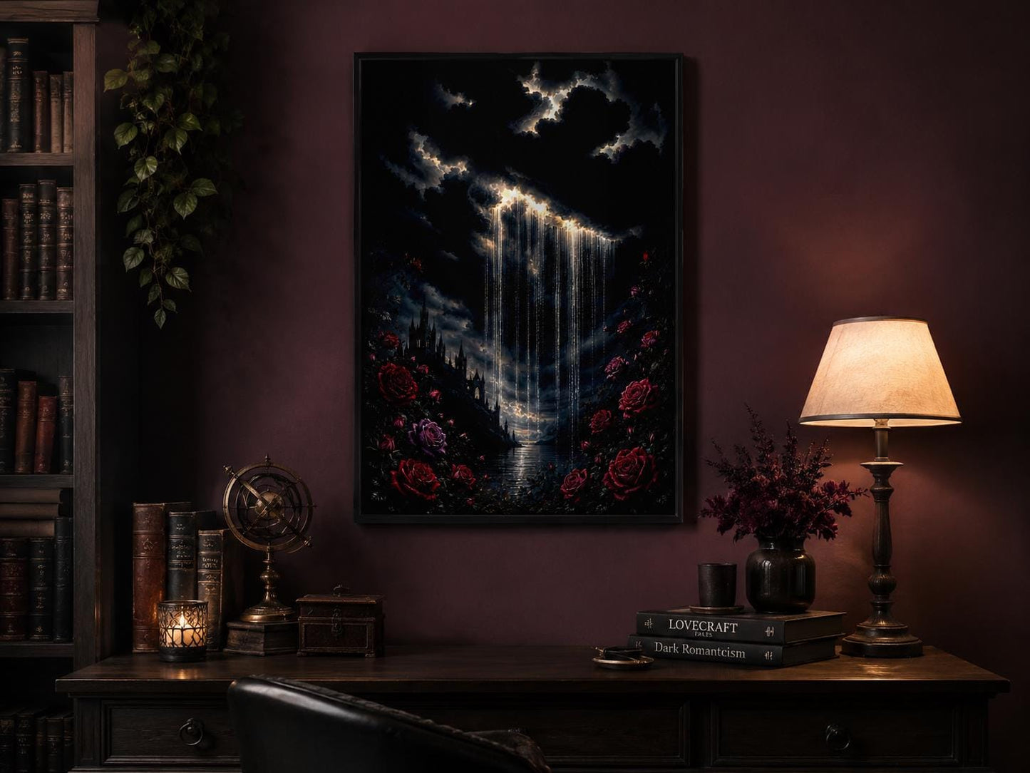 Gothic Wall Art - Crying Cloud Over Castle with Red Roses | Moody Romantic Decor Canvas Print