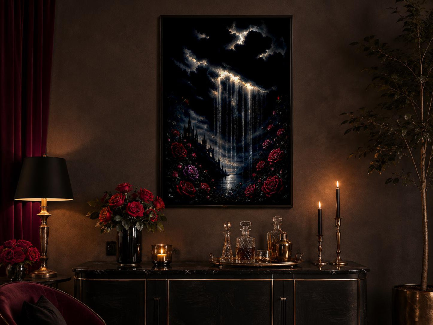 Gothic Wall Art - Crying Cloud Over Castle with Red Roses | Moody Romantic Decor Canvas Print