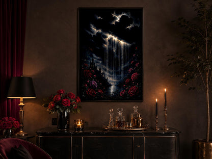 Gothic Wall Art - Crying Cloud Over Castle with Red Roses | Moody Romantic Decor Canvas Print