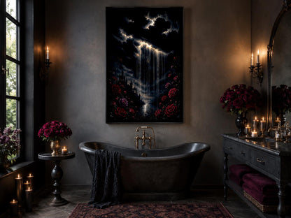 Gothic Wall Art - Crying Cloud Over Castle with Red Roses | Moody Romantic Decor Canvas Print