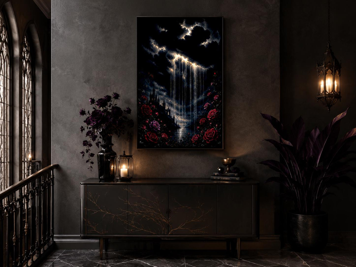 Gothic Wall Art - Crying Cloud Over Castle with Red Roses | Moody Romantic Decor Canvas Print