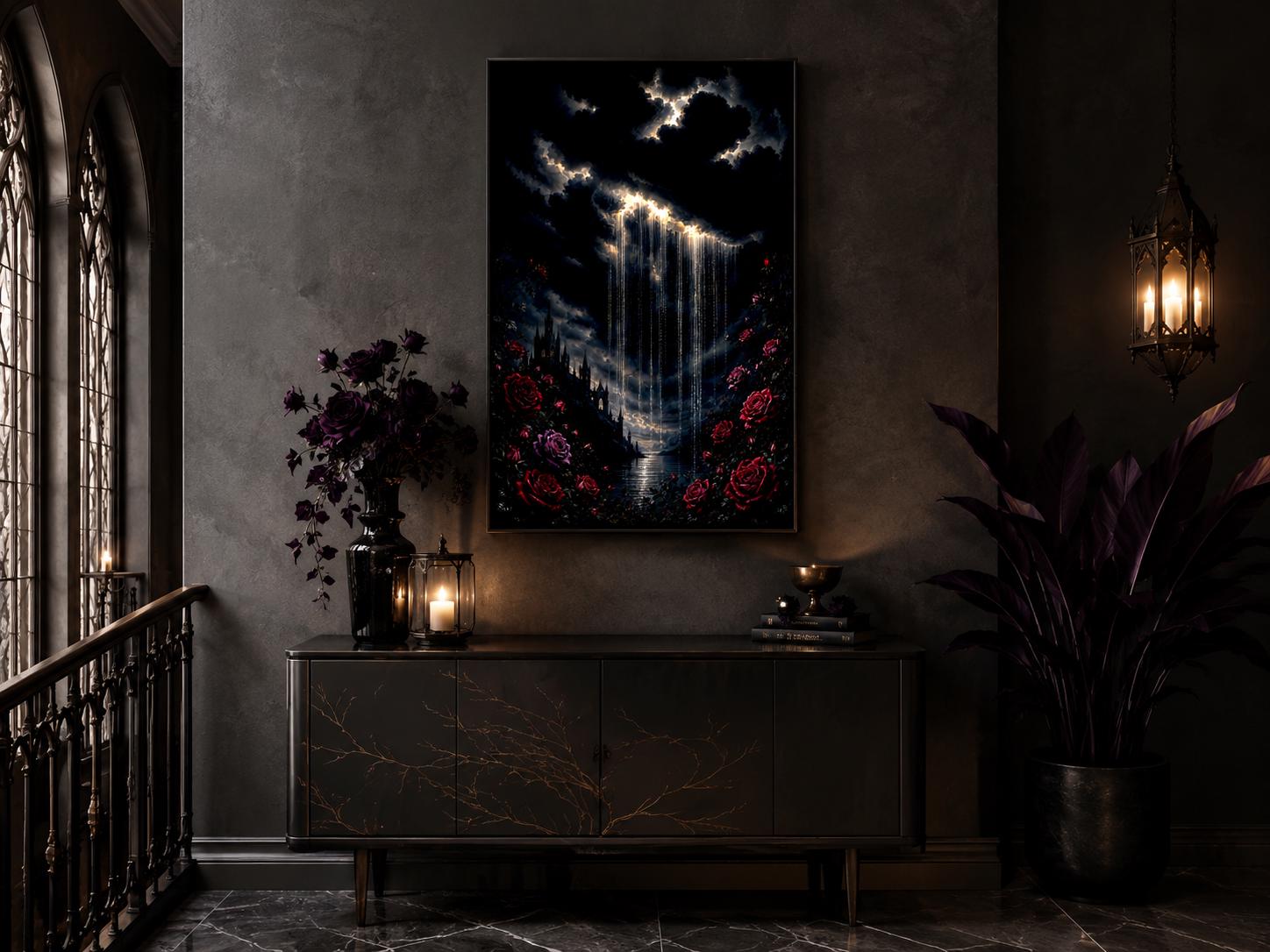 Gothic Wall Art - Crying Cloud Over Castle with Red Roses | Moody Romantic Decor Canvas Print