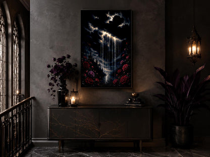 Gothic Wall Art - Crying Cloud Over Castle with Red Roses | Moody Romantic Decor Canvas Print