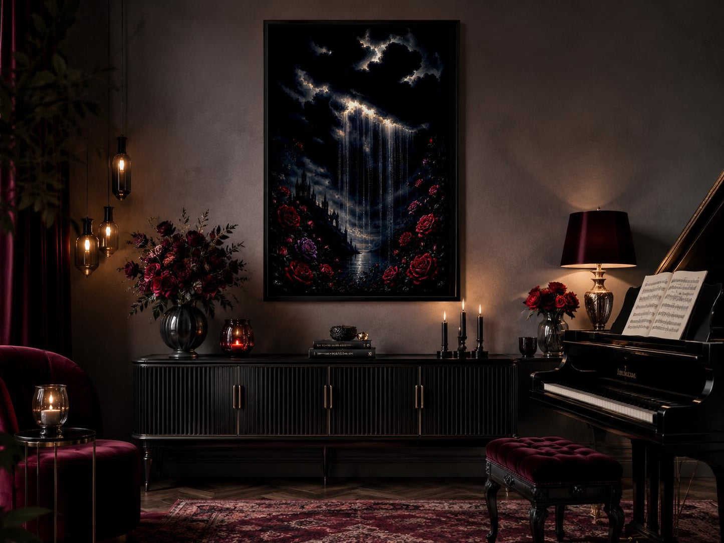 Gothic Wall Art - Crying Cloud Over Castle with Red Roses | Moody Romantic Decor Canvas Print