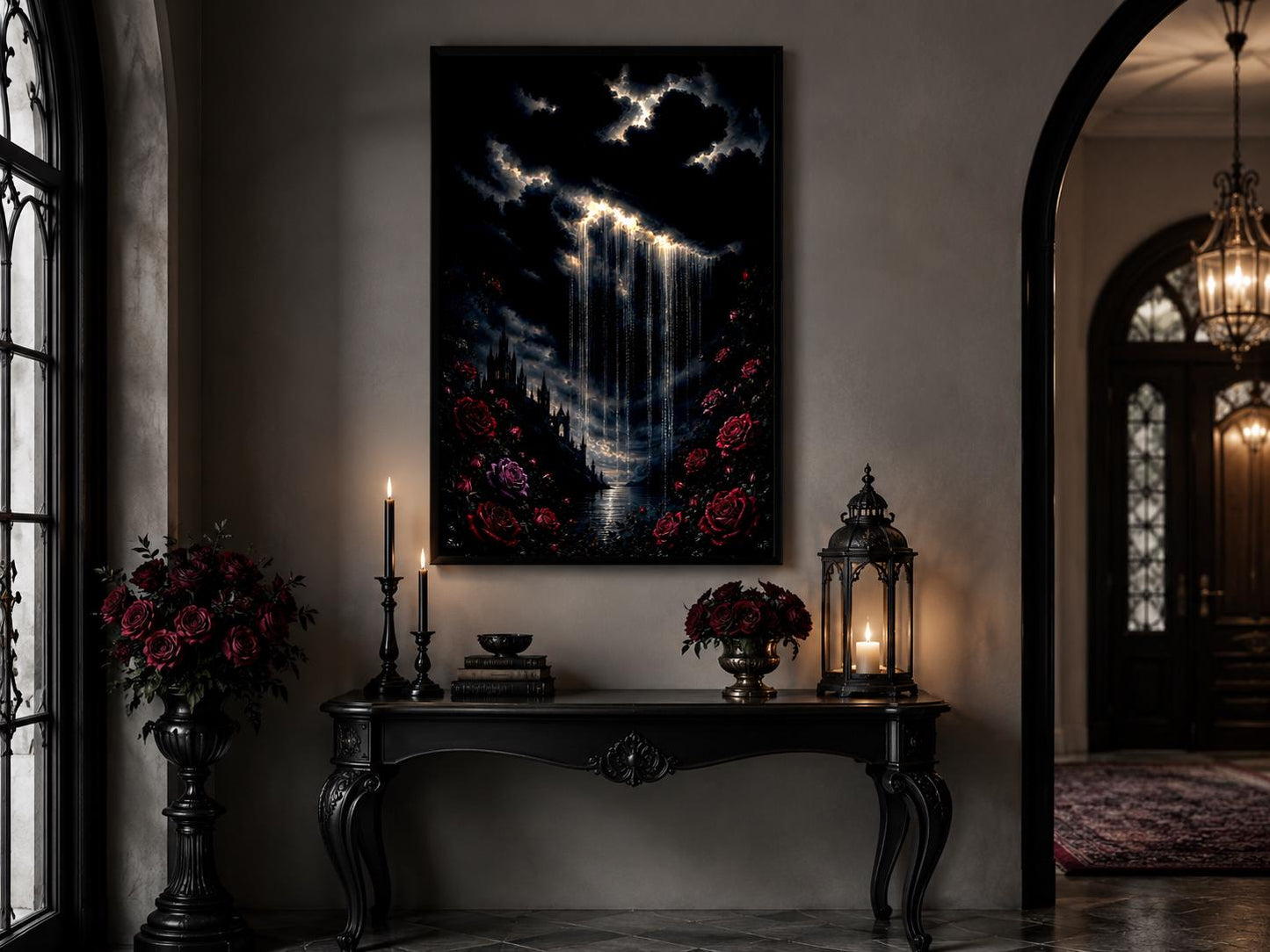Gothic Wall Art - Crying Cloud Over Castle with Red Roses | Moody Romantic Decor Canvas Print