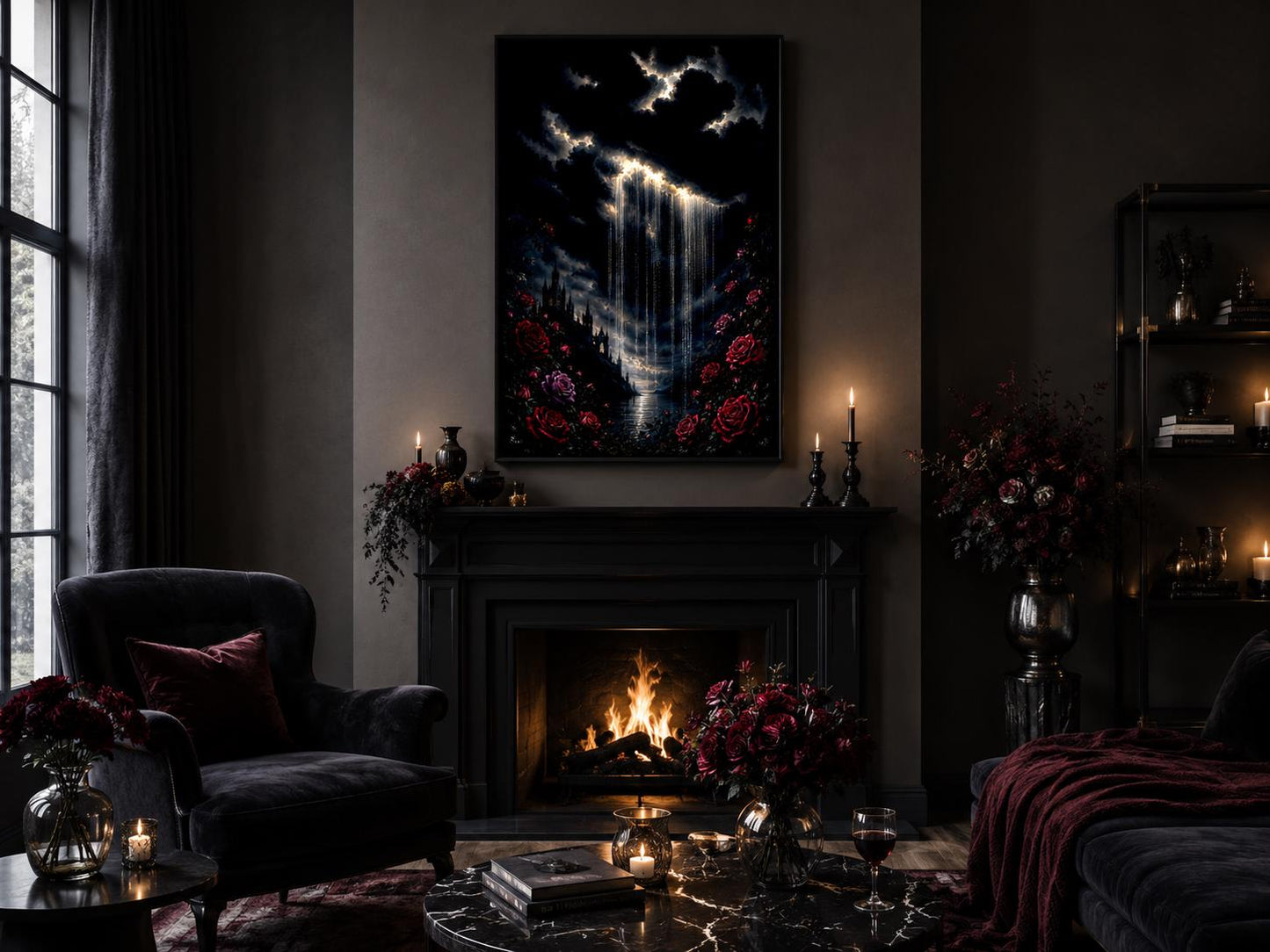 Gothic Wall Art - Crying Cloud Over Castle with Red Roses | Moody Romantic Decor Canvas Print