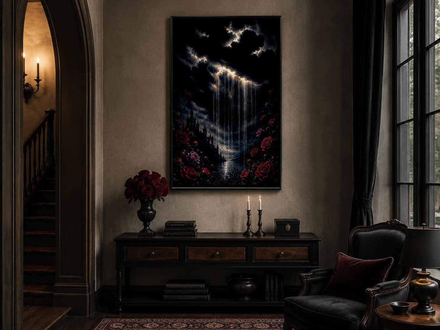 Gothic Wall Art - Crying Cloud Over Castle with Red Roses | Moody Romantic Decor Canvas Print
