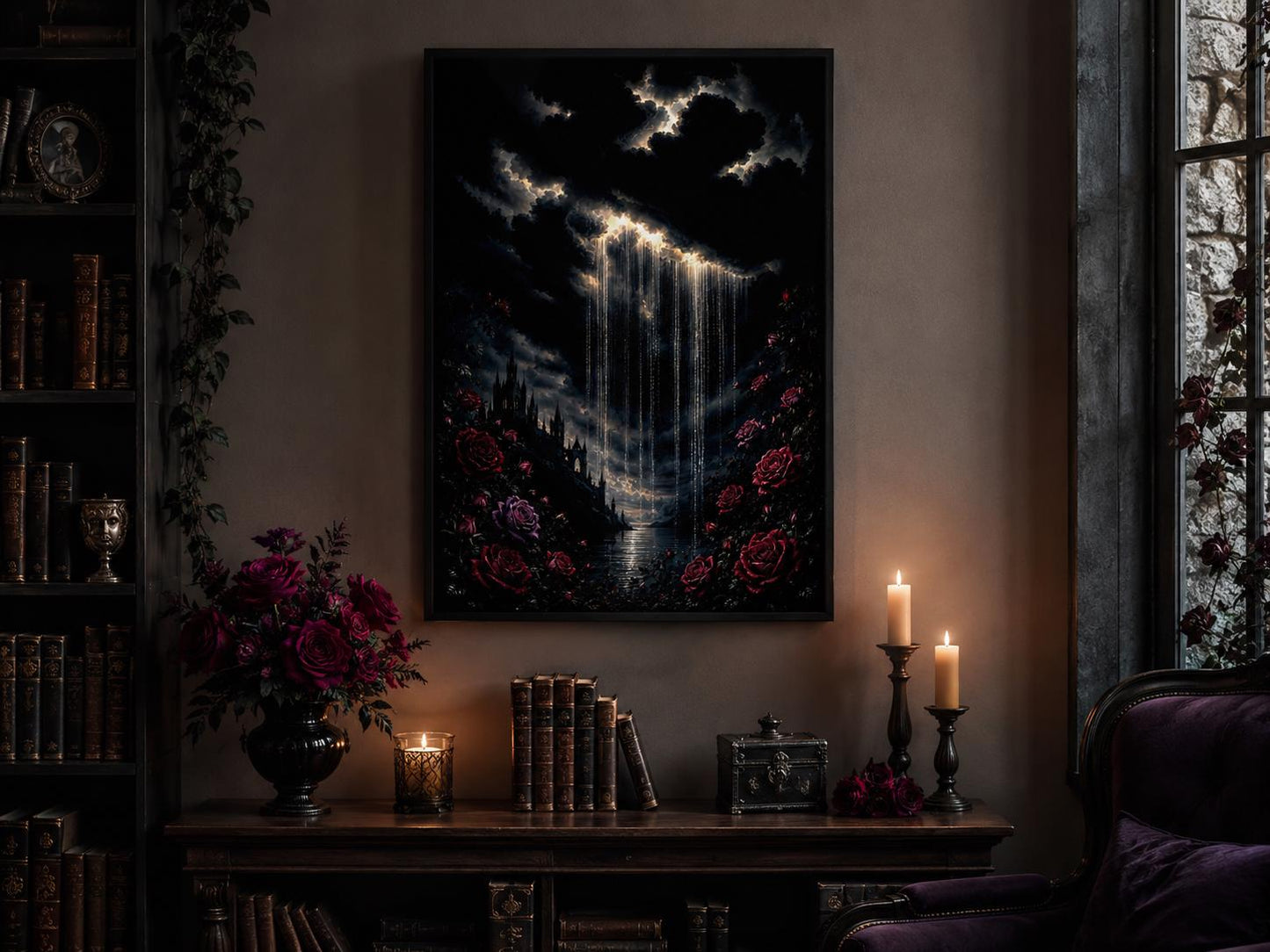 Gothic Wall Art - Crying Cloud Over Castle with Red Roses | Moody Romantic Decor Canvas Print