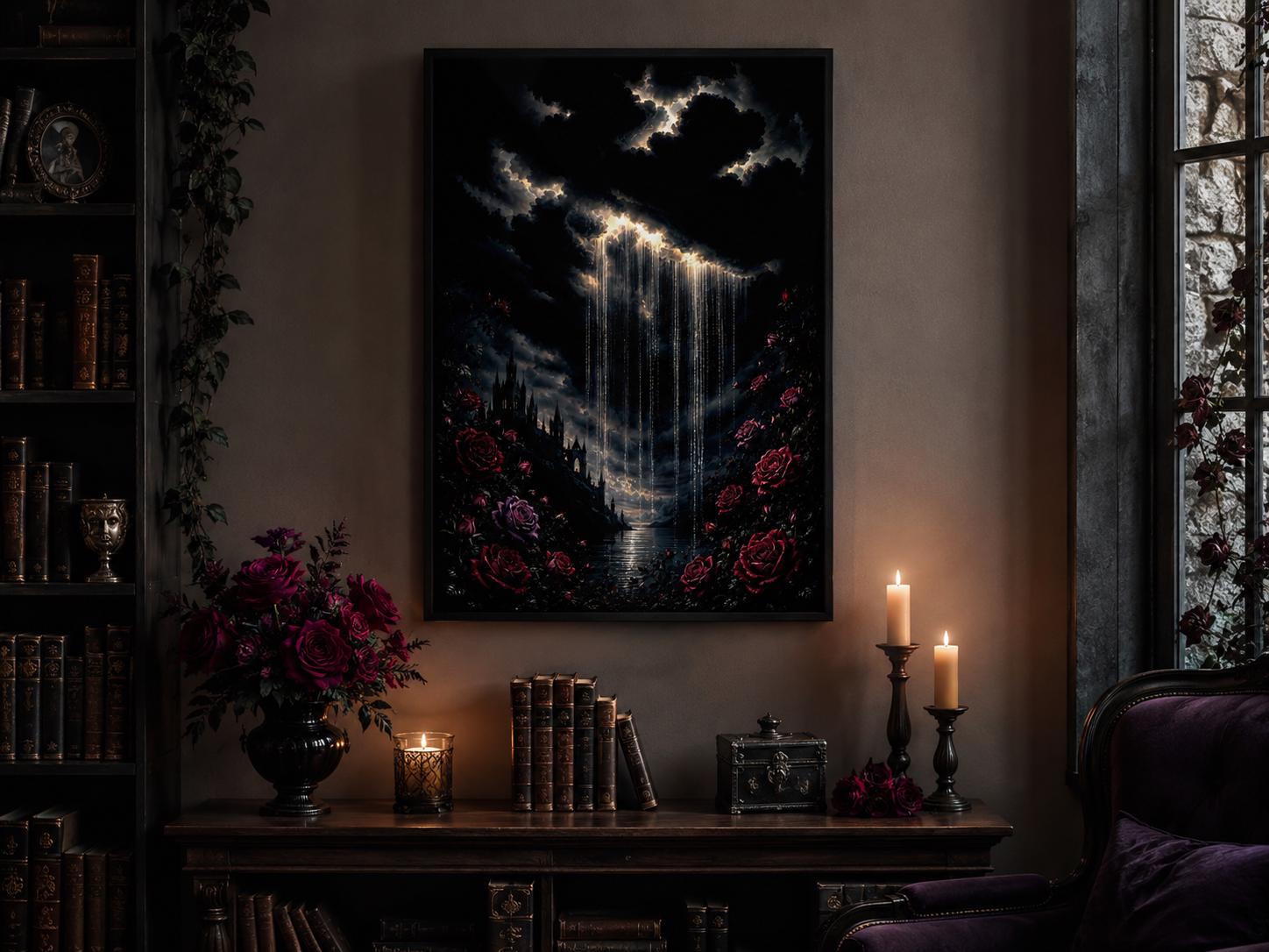 Gothic Wall Art - Crying Cloud Over Castle with Red Roses | Moody Romantic Decor Canvas Print