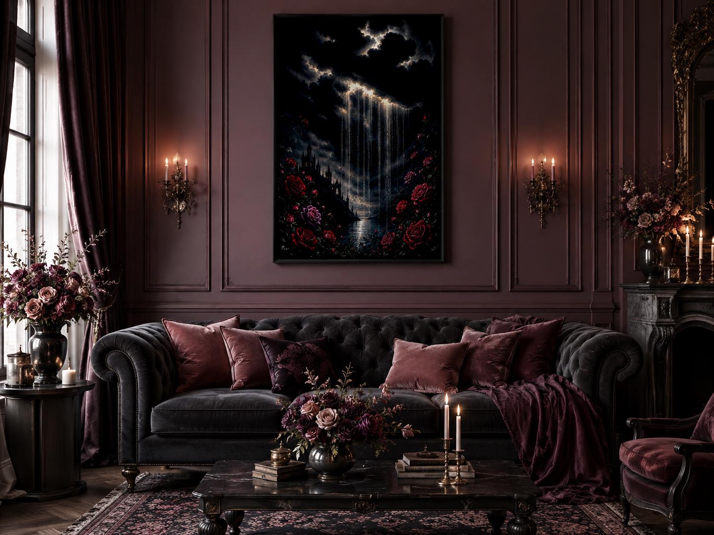 Gothic Wall Art - Crying Cloud Over Castle with Red Roses | Moody Romantic Decor Canvas Print