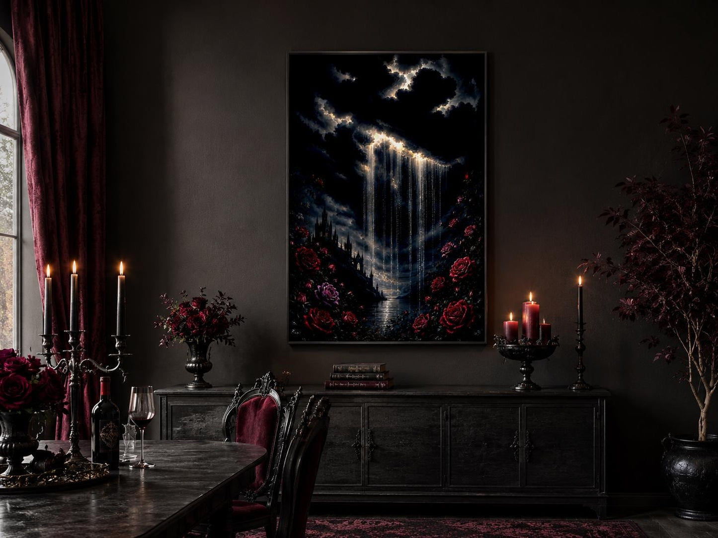 Gothic Wall Art - Crying Cloud Over Castle with Red Roses | Moody Romantic Decor Canvas Print