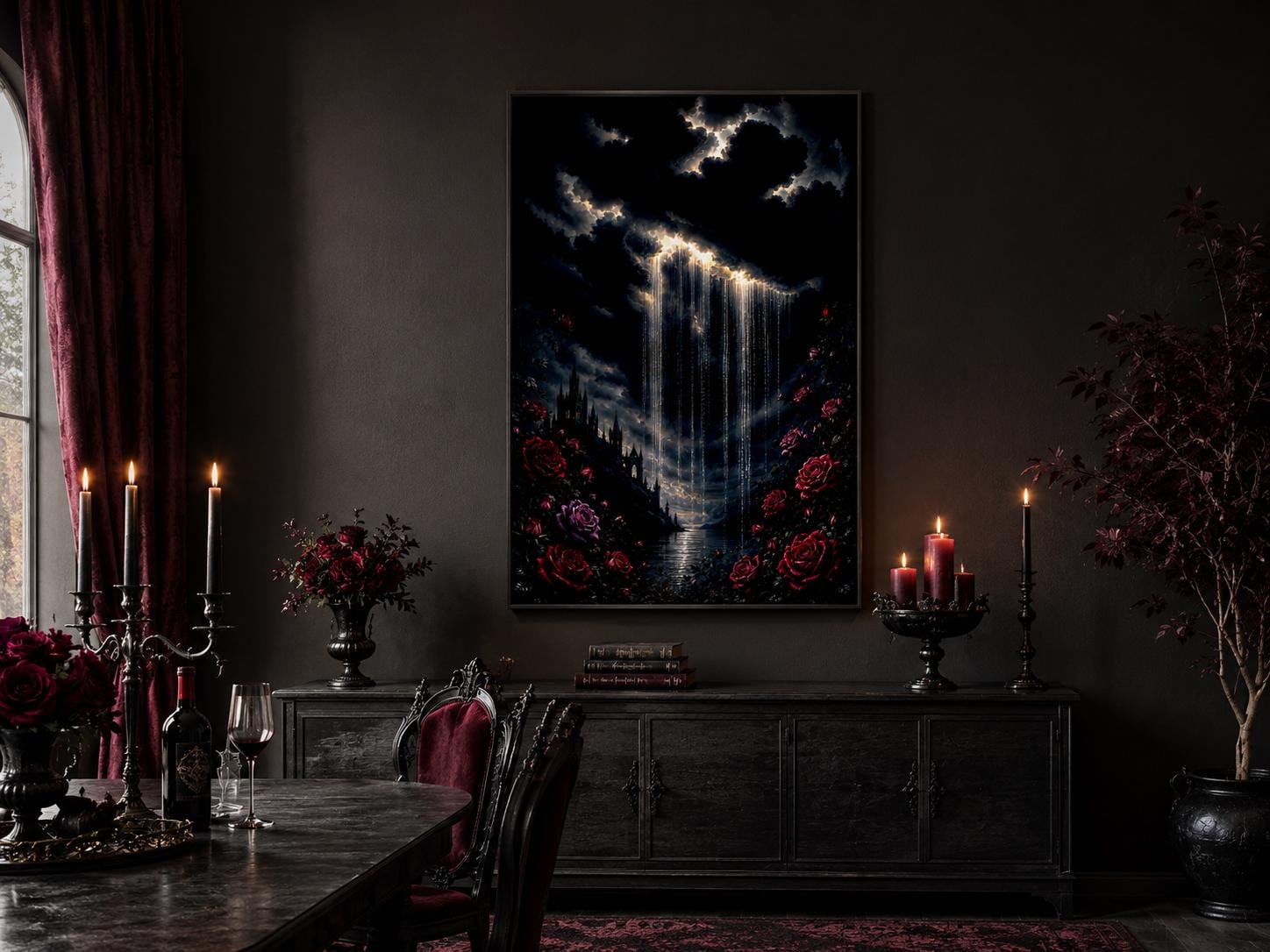 Gothic Wall Art - Crying Cloud Over Castle with Red Roses | Moody Romantic Decor Canvas Print
