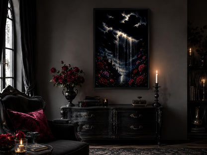Gothic Wall Art - Crying Cloud Over Castle with Red Roses | Moody Romantic Decor Canvas Print