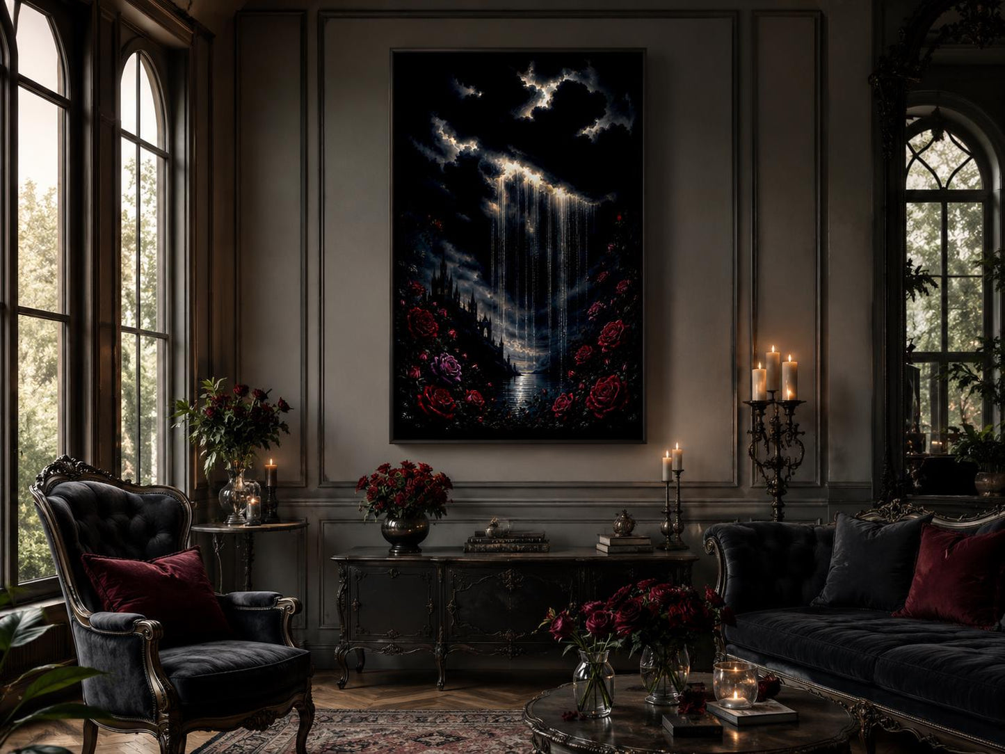 Gothic Wall Art - Crying Cloud Over Castle with Red Roses | Moody Romantic Decor Canvas Print