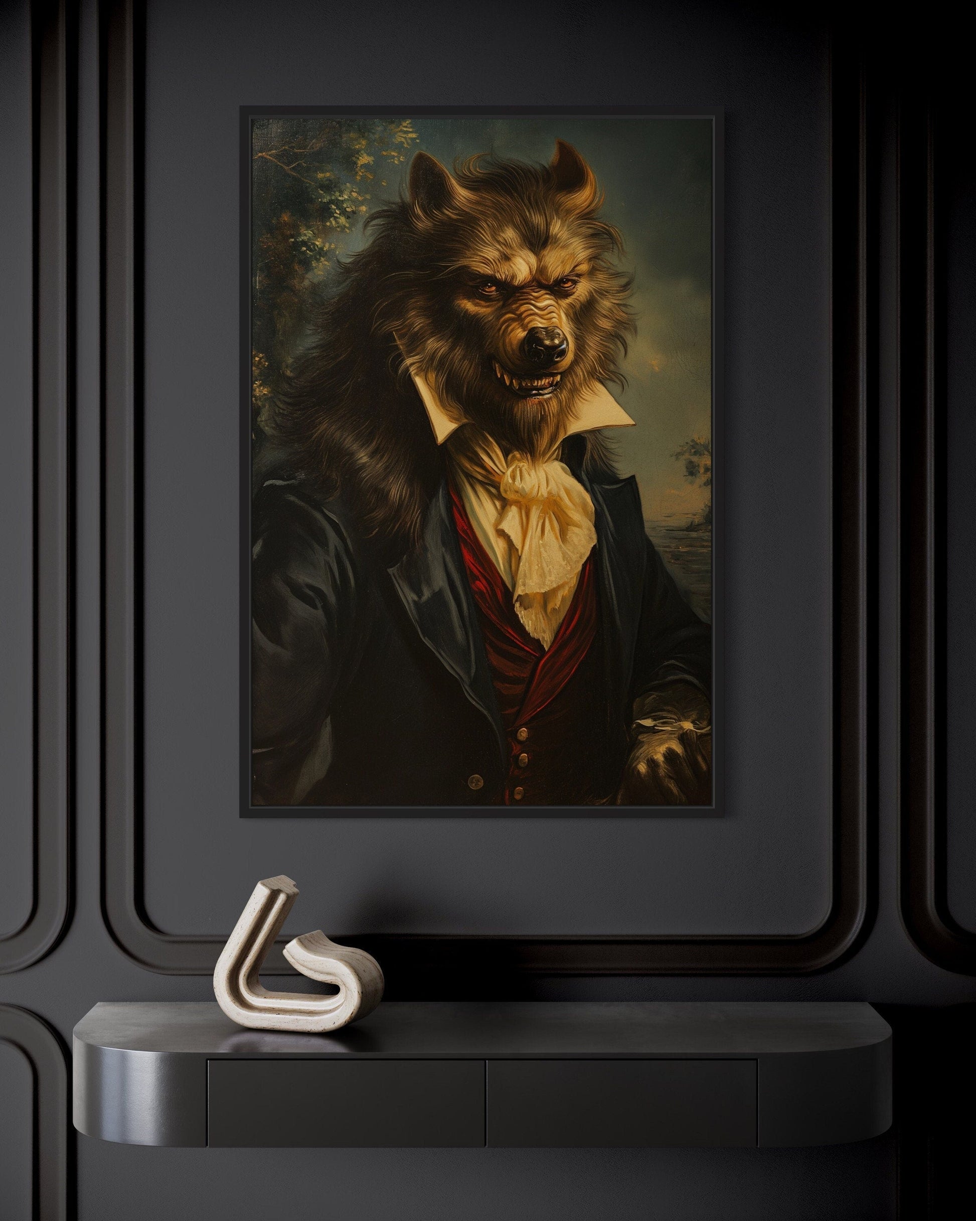 Gothic Werewolf Portrait Dark Academia Framed Canvas Wall Art