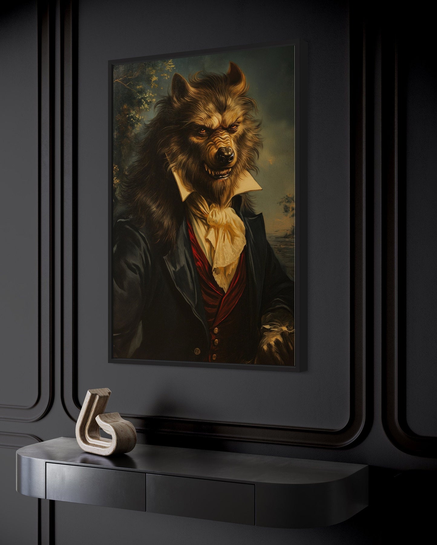 Gothic Werewolf Portrait Dark Academia Framed Canvas Wall Art