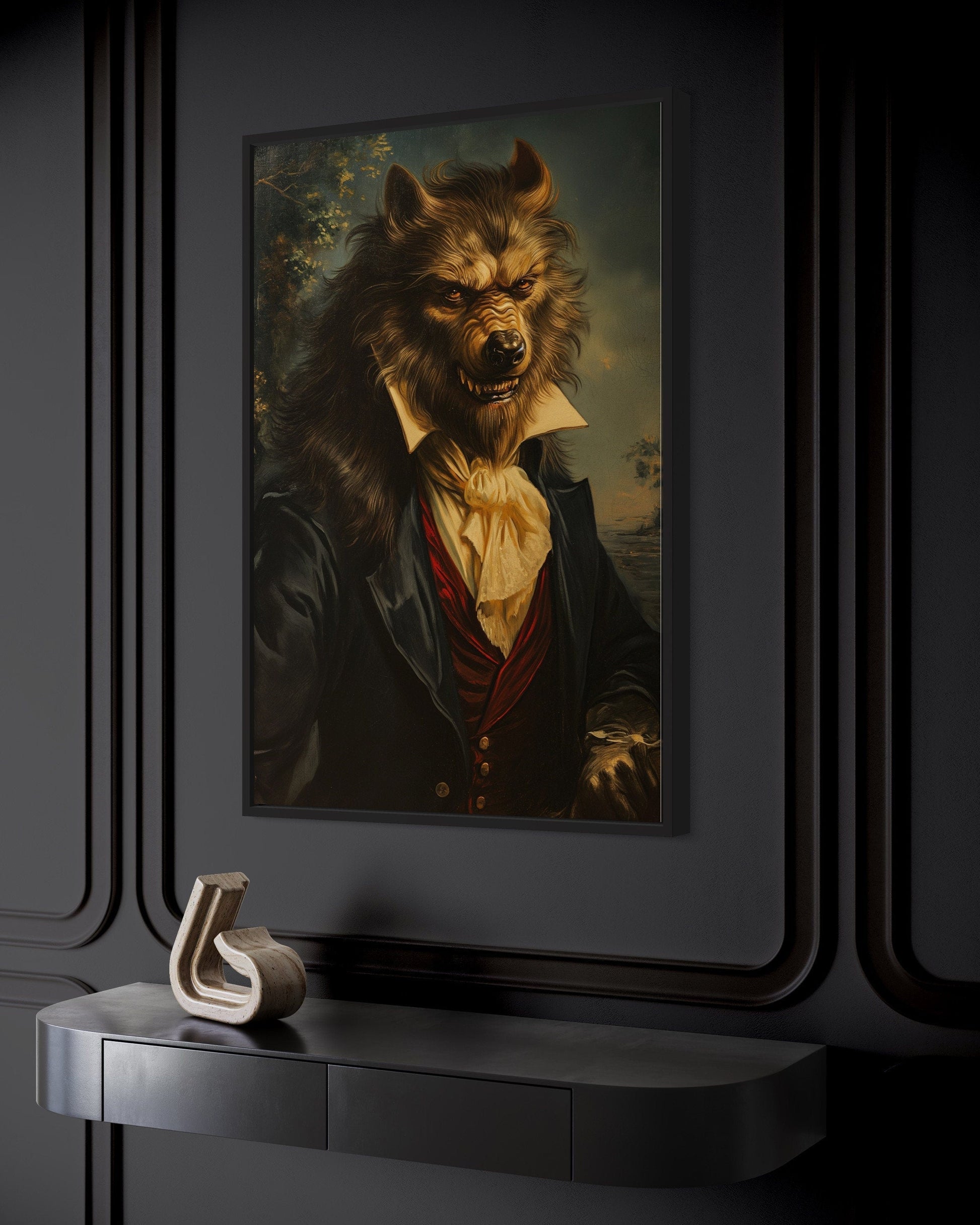 Gothic Werewolf Portrait Dark Academia Framed Canvas Wall Art