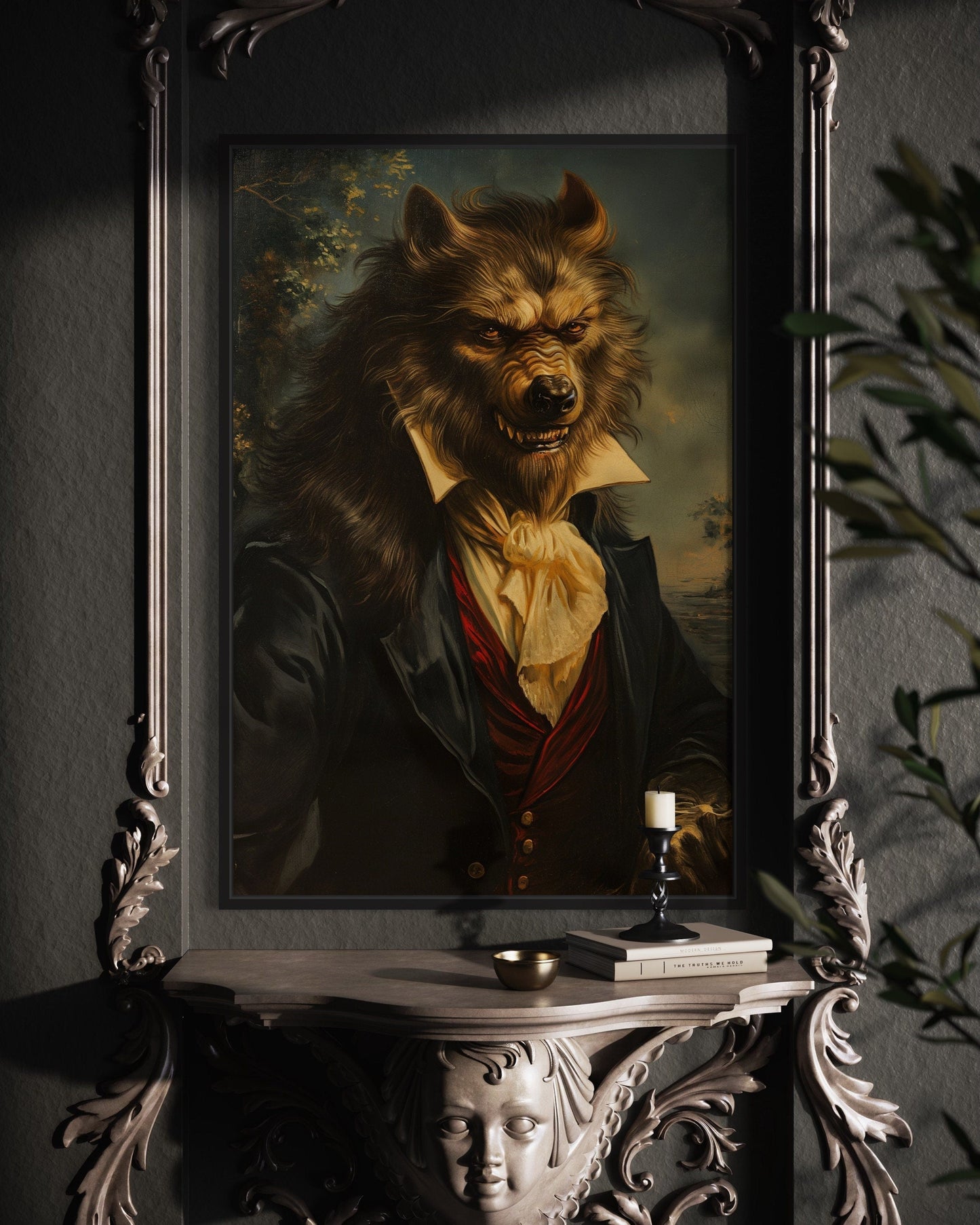 Gothic Werewolf Portrait Dark Academia Framed Canvas Wall Art