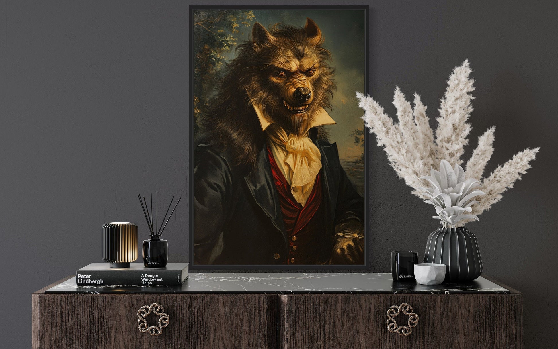 Gothic Werewolf Portrait Dark Academia Framed Canvas Wall Art