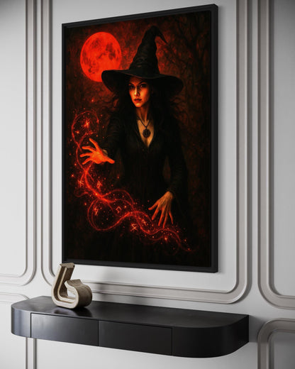 Gothic Witch Casting Spells Wall Art With Red Bloody Moon Halloween Wall Decor
