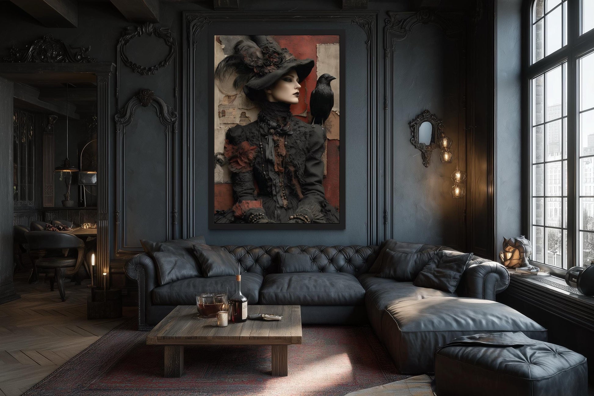 Gothic Witch With Raven Framed Canvas Wall Art