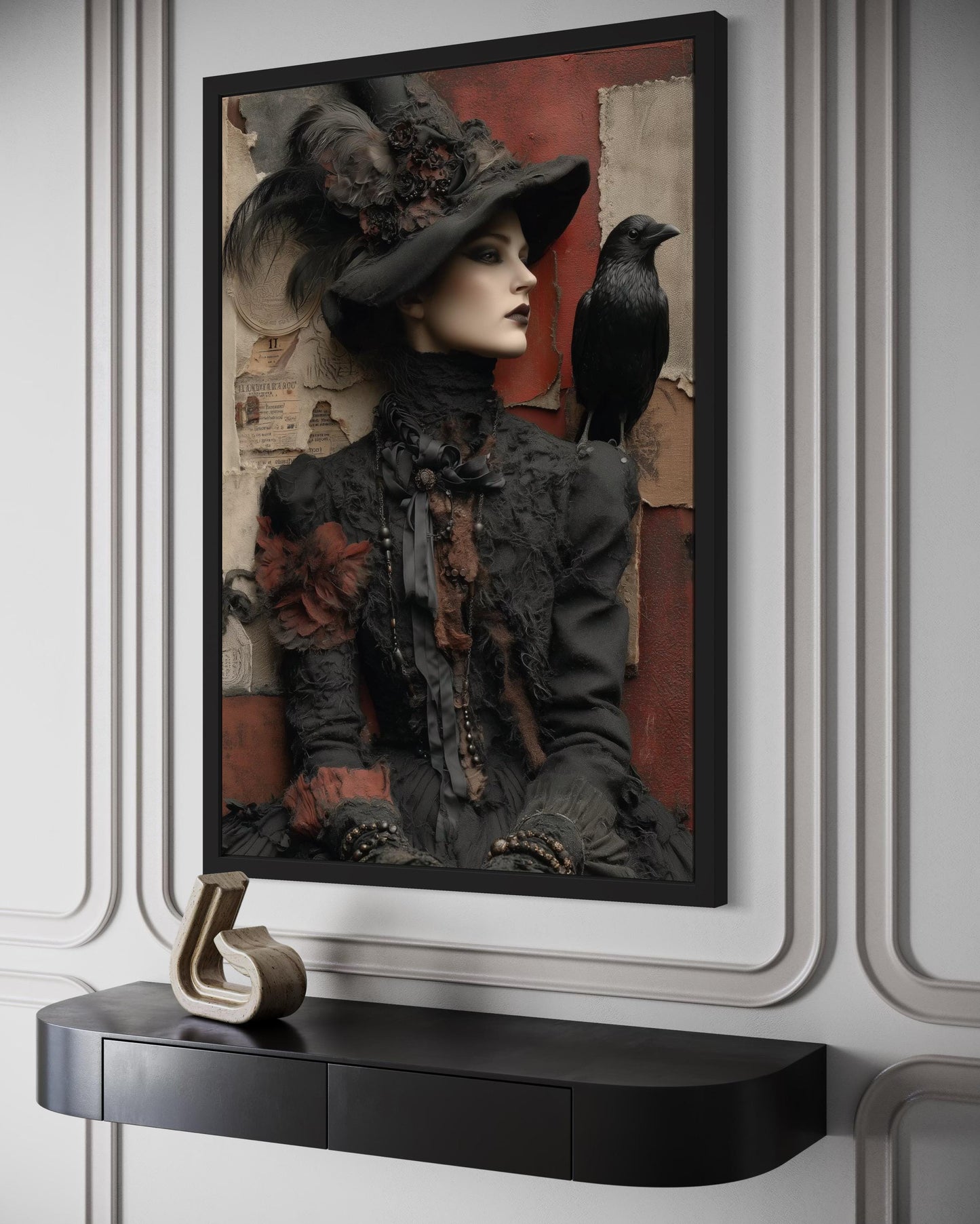 Gothic Witch With Raven Framed Canvas Wall Art