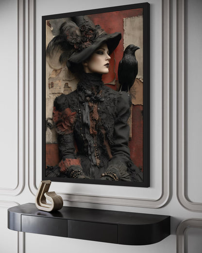 Gothic Witch With Raven Framed Canvas Wall Art