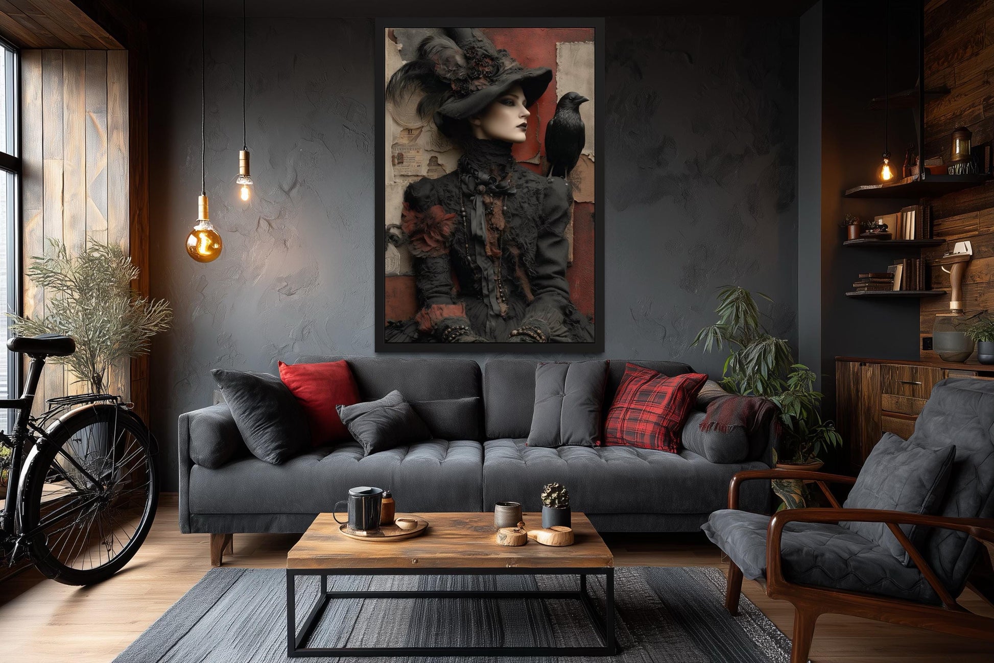 Gothic Witch With Raven Framed Canvas Wall Art