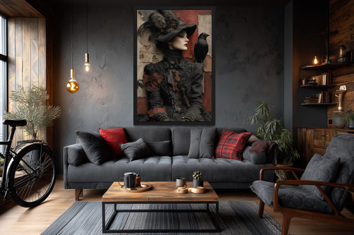 Gothic Witch With Raven Framed Canvas Wall Art