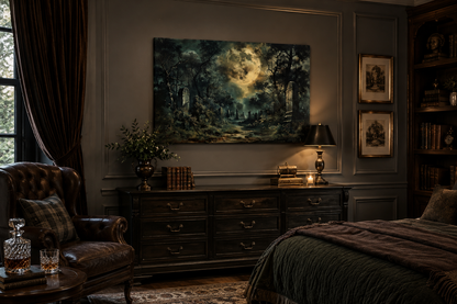 Haunted Cemetery Under Full Moon Framed Halloween Canvas Wall Art