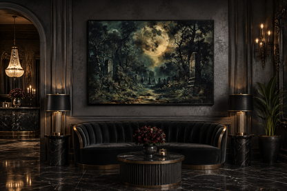 Haunted Cemetery Under Full Moon Framed Halloween Canvas Wall Art