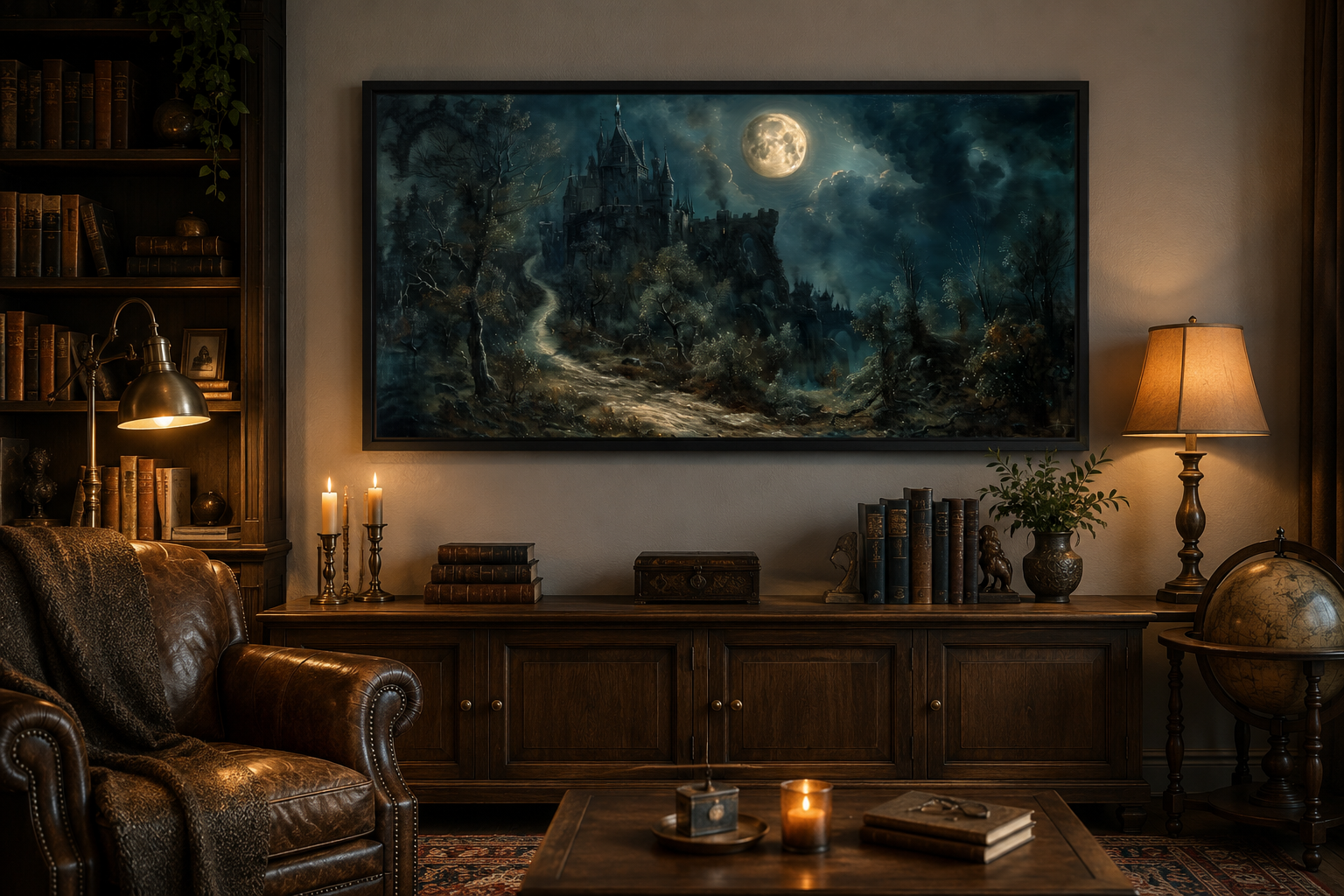 Gothic Haunted Dilapidated Castle Under Moon Dark Halloween Artwork Canvas Wall Art