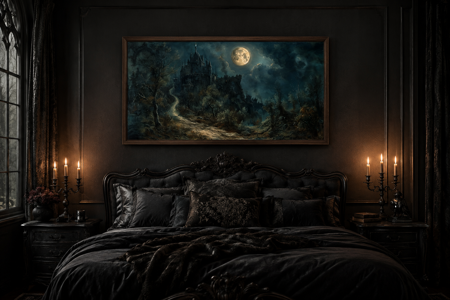 Gothic Haunted Dilapidated Castle Under Moon Dark Halloween Artwork Canvas Wall Art