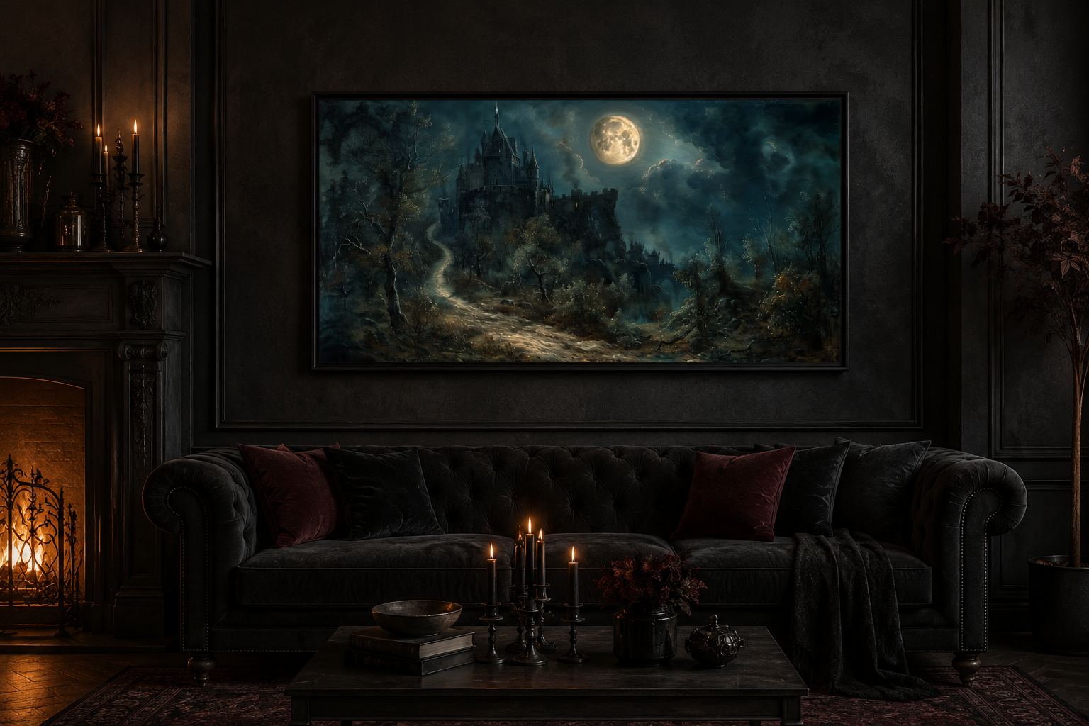 Gothic Haunted Dilapidated Castle Under Moon Dark Halloween Artwork Canvas Wall Art