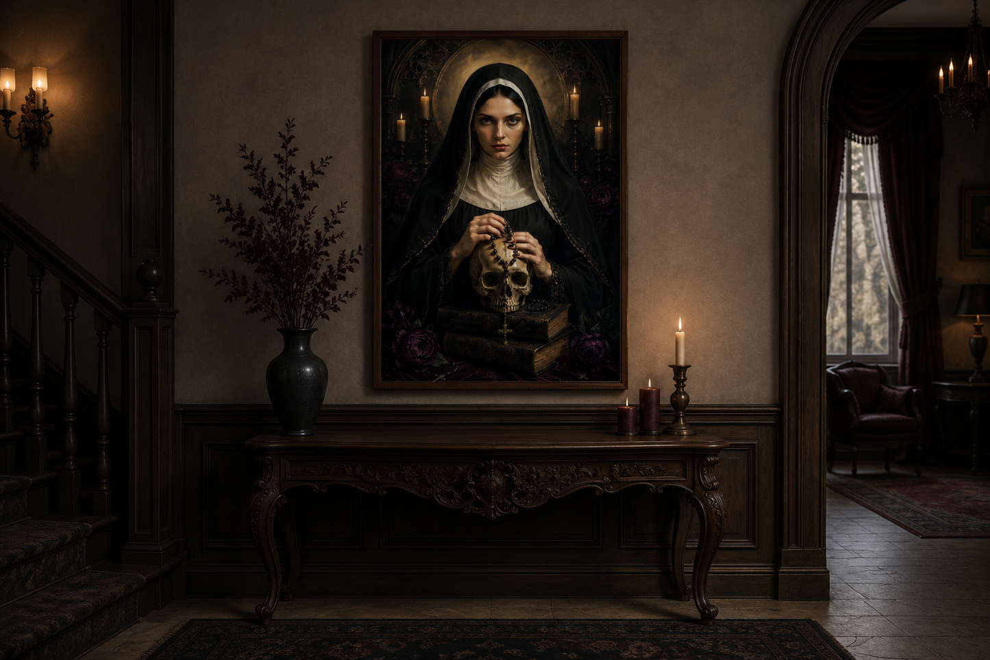Gothic Nun With Skull Horror Canvas Wall Decor