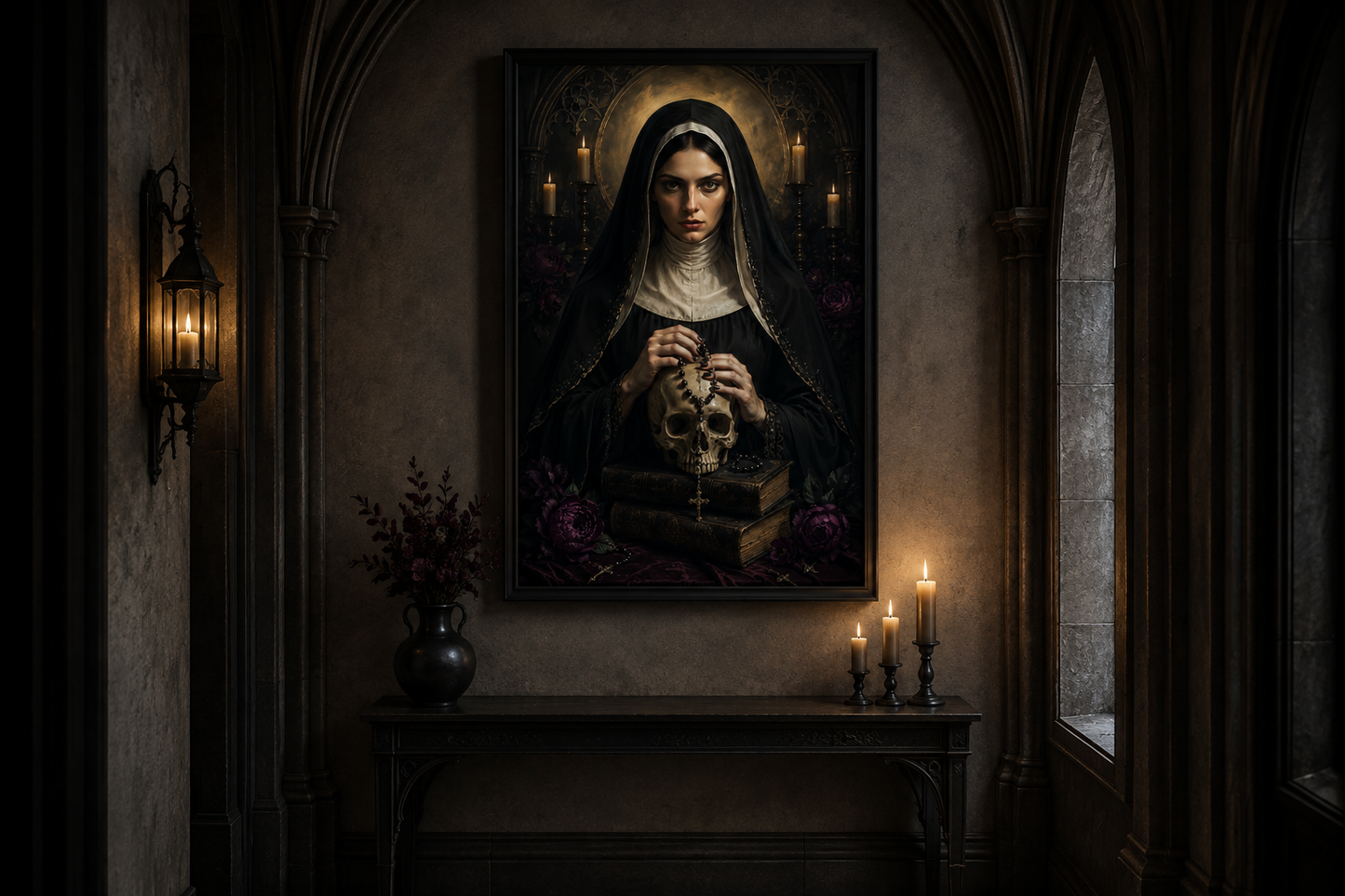 Gothic Nun With Skull Horror Canvas Wall Decor
