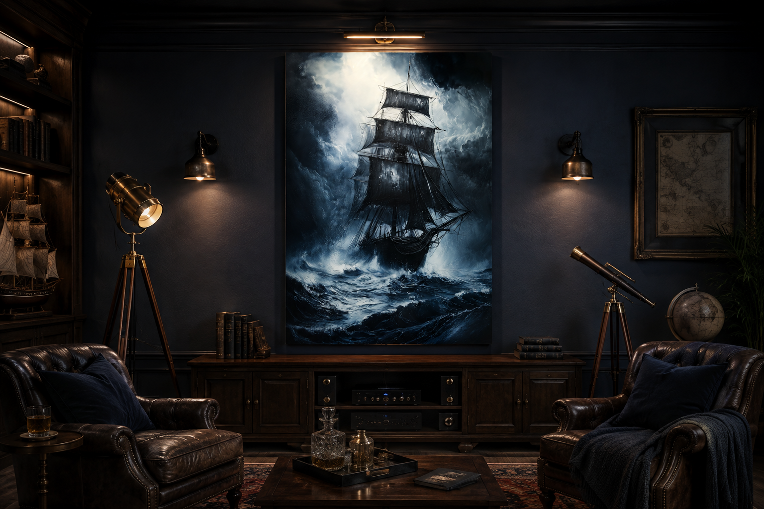 Ghost Pirate Ship In The Ocean Gothic Framed Canvas Wall Art For Nautical Manly Office Decor