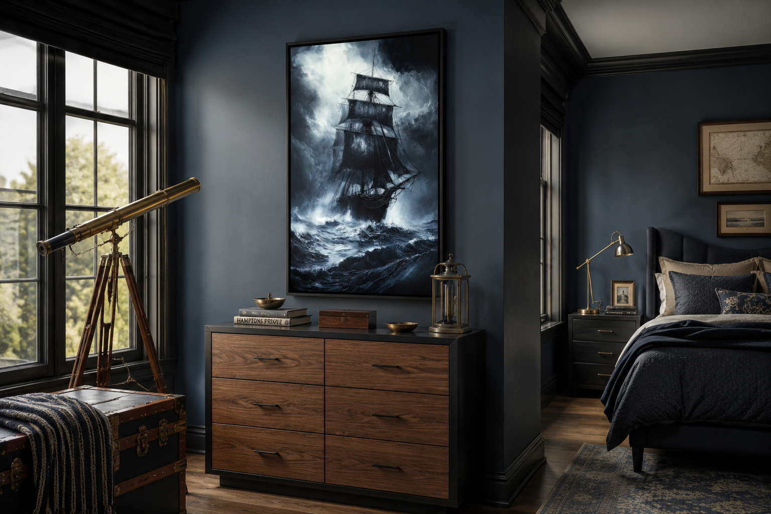 Ghost Pirate Ship In The Ocean Gothic Framed Canvas Wall Art For Nautical Manly Office Decor