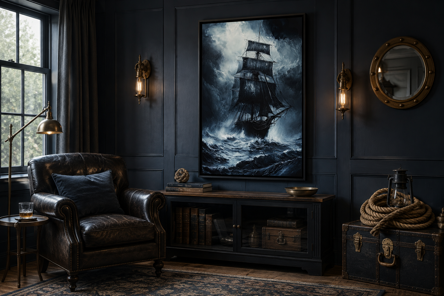 Ghost Pirate Ship In The Ocean Gothic Framed Canvas Wall Art For Nautical Manly Office Decor
