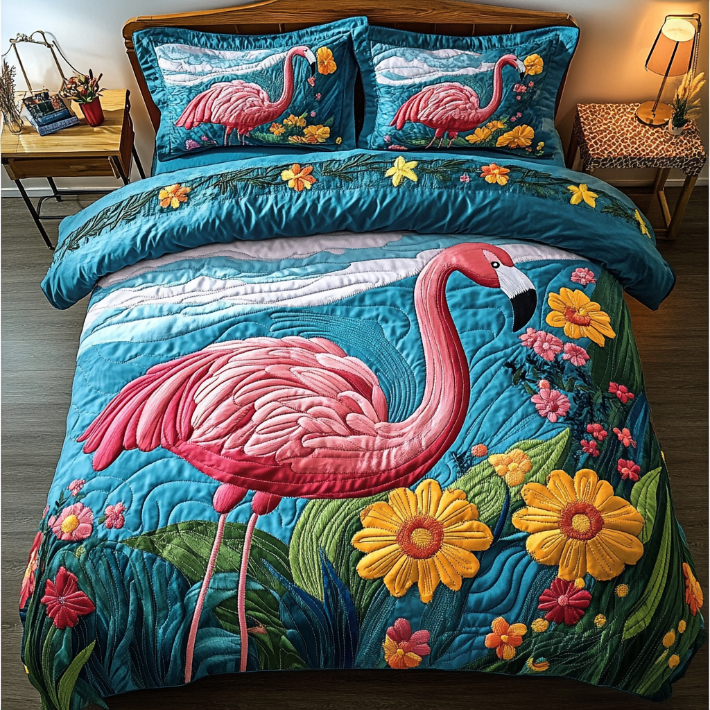 Graceful Flamingo 3-Piece Quilted Bedding Set - Single (59" x 70")