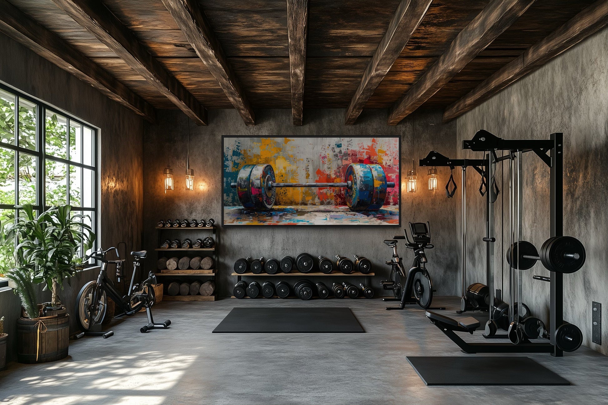 Graffiti Barbell Wall Art – Urban Fitness Painting | Motivational Gym Decor Print