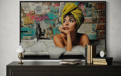 Graffiti Bathtub Girl Wall Art - Pop Art Canvas Print for Bathroom Decor