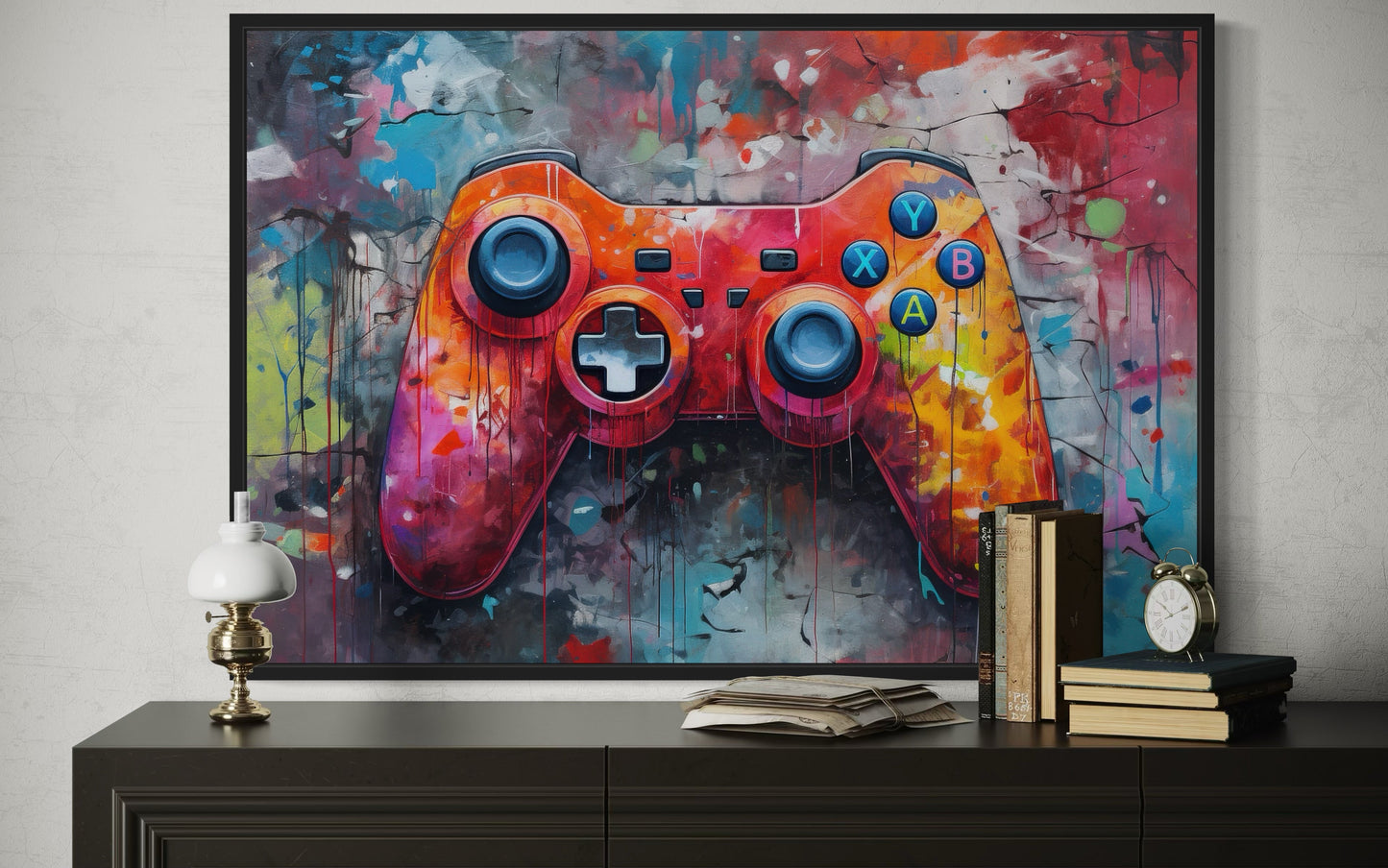 Graffiti Painting Of Game Controller Framed Canvas Wall Art - Game Room Decor