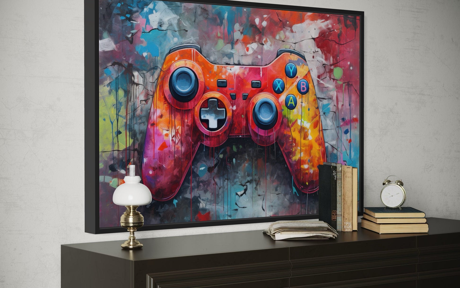 Graffiti Painting Of Game Controller Framed Canvas Wall Art - Game Room Decor