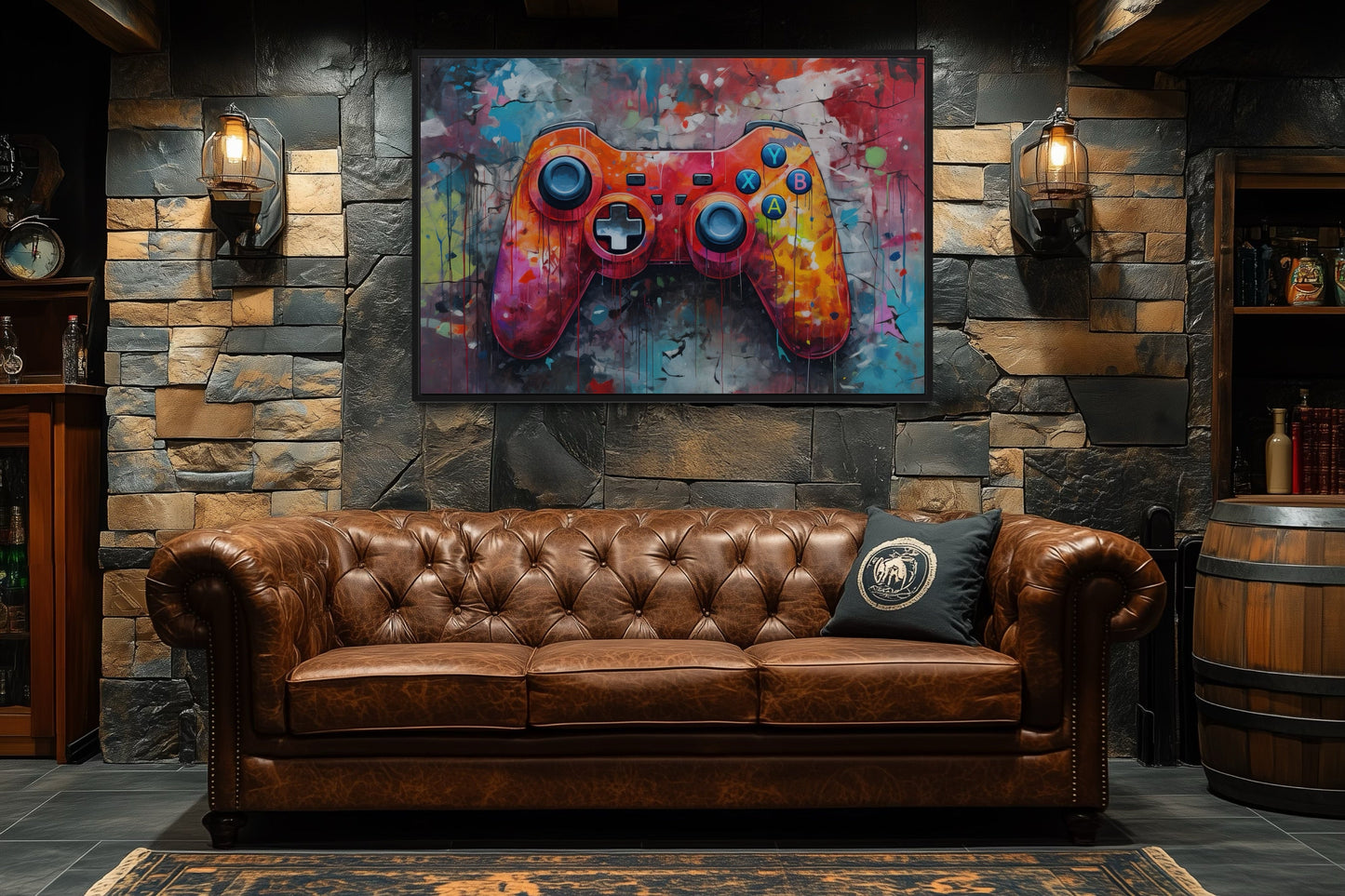 Graffiti Painting Of Game Controller Framed Canvas Wall Art - Game Room Decor