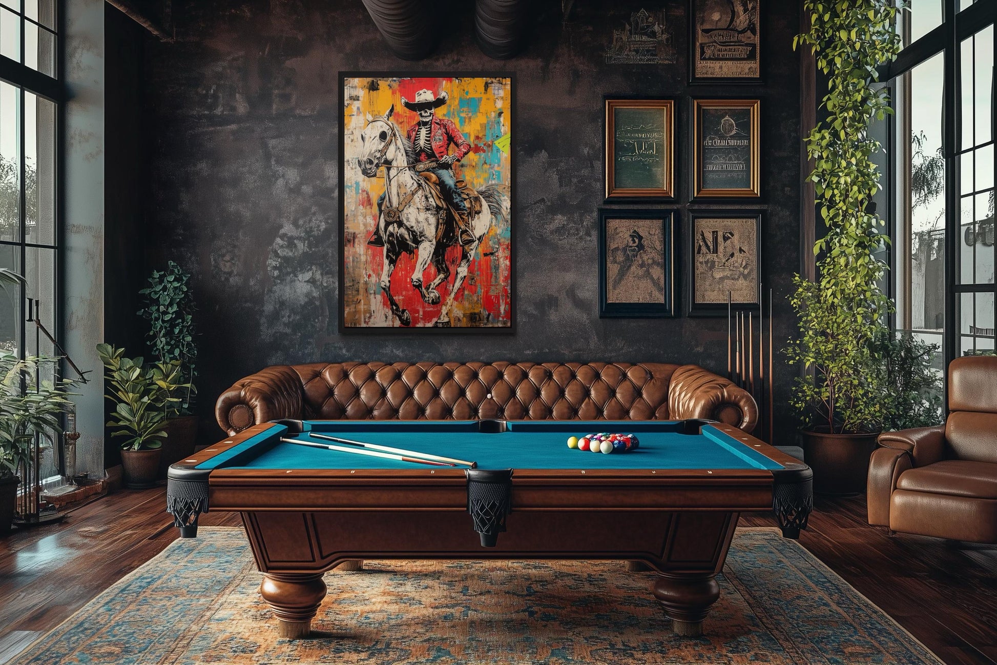 Graffiti Skeleton Cowboy on Horse Framed Canvas Wall Art For Man Cave Decor