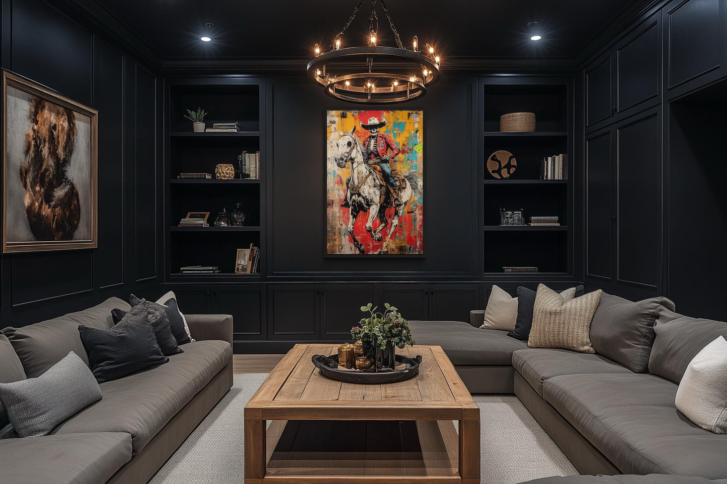 Graffiti Skeleton Cowboy on Horse Framed Canvas Wall Art For Man Cave Decor