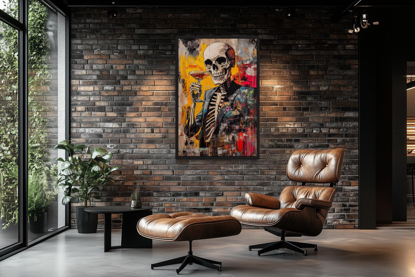 Graffiti Skeleton Skull With Martini Glass Framed Canvas Wall Art For Man Cave Decor