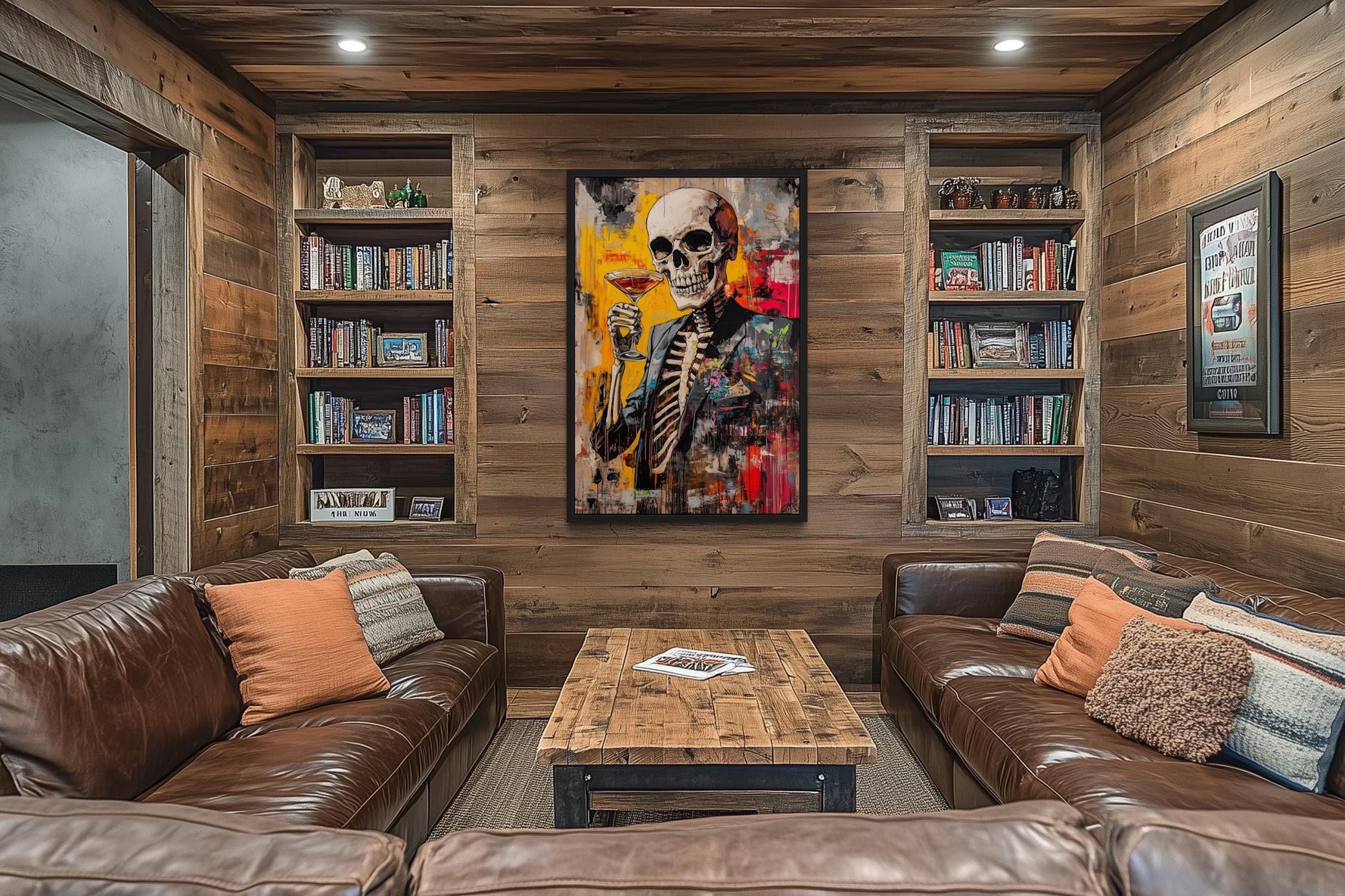 Graffiti Skeleton Skull With Martini Glass Framed Canvas Wall Art For Man Cave Decor