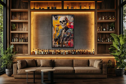 Graffiti Skeleton Skull With Martini Glass Framed Canvas Wall Art For Man Cave Decor